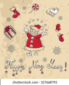 New Year card with Santa Claus, gifts and text, vintage illustration with hand drawn elements