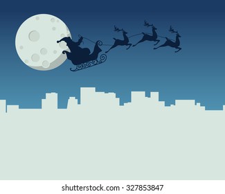 New Year card with Santa Claus flying in sleigh on background of the moon above the night city. Vector illustration