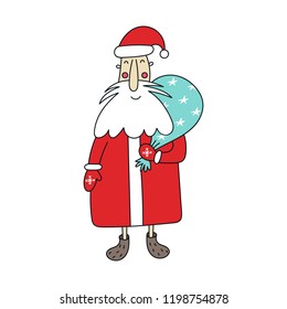 New Year card - Santa with a gift. Cute and fun vector illustration.