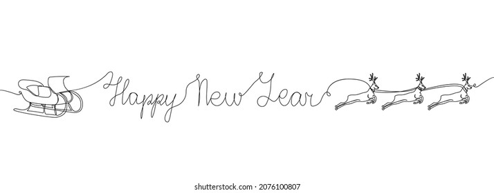 New Year card with Santa s sleigh with Christmas reindeer one line art. Continuous line drawing of new year holidays, christmas, congratulations, weekend, celebration.
