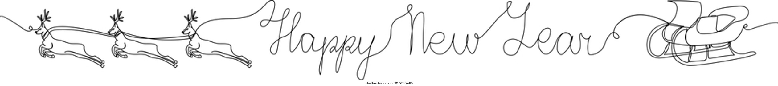 New Year card with Santa s sleigh with Christmas reindeer one line art. Continuous line drawing of new year holidays, christmas, congratulations, weekend, celebration.