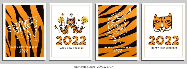 New Year card set with Funny Tiger Characters. Celebration cards of New Year 2022 with cute Tiger animal in cartoon doodle style. Vector banner, poster, invitation, flyer