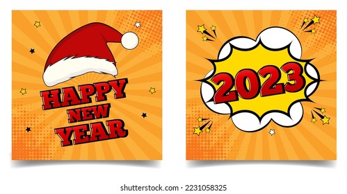 New year card set in pop art comic style.