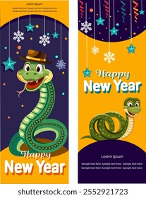 New Year card set year of the snake cartoon cute snake congratulations happy new year Vector