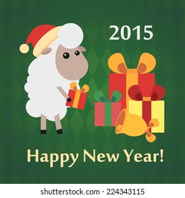 New Year card. Sheep with gifts