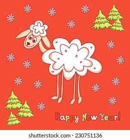 New Year card with sheep and trees 