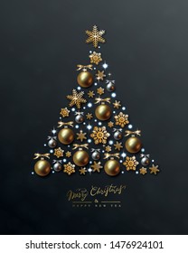 New Year card with a silhouette of Christmas tree made of golden snowflakes, balls and holiday lights on black background. Holiday Vector Design