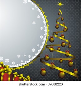 new year card with snow frame, golden fir and christmas decorations