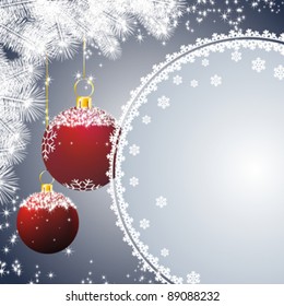 new year card with snow frame, white fir and red christmas decorations