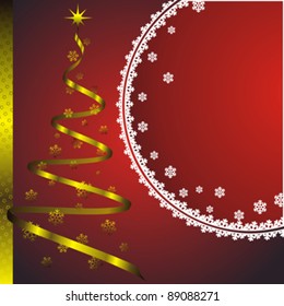 new year card with snow frame, golden fir and christmas decorations