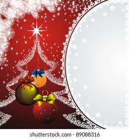 new year card with snow frame, white fir and colorful christmas decorations