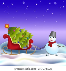 New Year card, snowman carries a Christmas tree on a sleigh, vector illustration