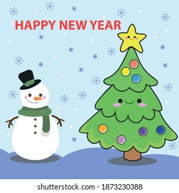 New year card with snowman and christmas tree