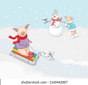 New year card with snowman, dog, and sledging cute cartoon piglets, symbol year 2019 according to Chinese astrology on the winter background. Kids book illustration. eps 10
