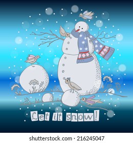 New year card with a snowman. Illustration for greeting cards, invitations, and other printing projects.