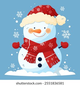 New Year card. A snowman in a red hat and a red scarf decorated with snowflakes on a blue background