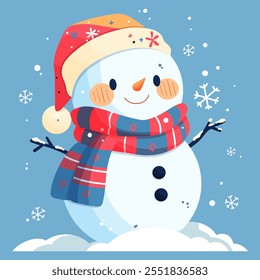 New Year card. A snowman in a red hat and a red scarf decorated with snowflakes on a blue background