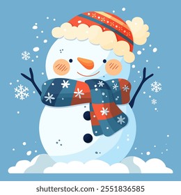 New Year card. A snowman in a red hat and a red scarf decorated with snowflakes on a blue background