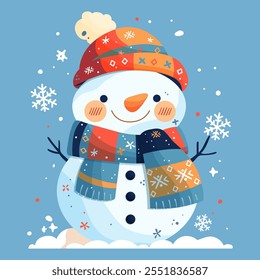 New Year card. A snowman in a red hat and a red scarf decorated with snowflakes on a blue background