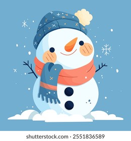 New Year card. A snowman in a red hat and a red scarf decorated with snowflakes on a blue background