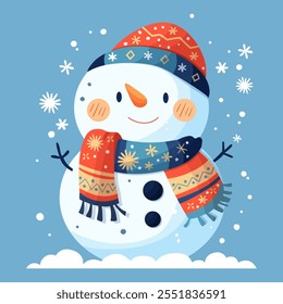 New Year card. A snowman in a red hat and a red scarf decorated with snowflakes on a blue background