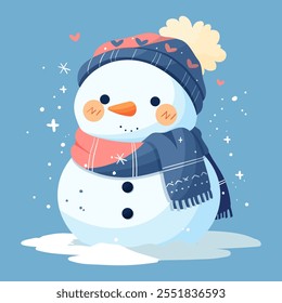 New Year card. A snowman in a red hat and a red scarf decorated with snowflakes on a blue background