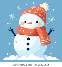 New Year card. A snowman in a red hat and a red scarf decorated with snowflakes on a blue background