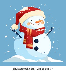 New Year card. A snowman in a red hat and a red scarf decorated with snowflakes on a blue background