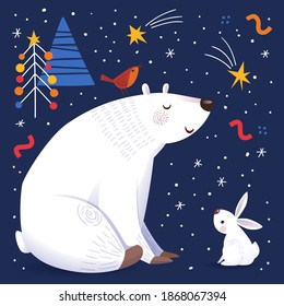 New Year card or  social media cover with cute animals characters. Cool decorative Christmas winter design, great for any print options. 