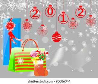  New Year card with sock, gifts and balls. 10 EPS. Vector illustration.