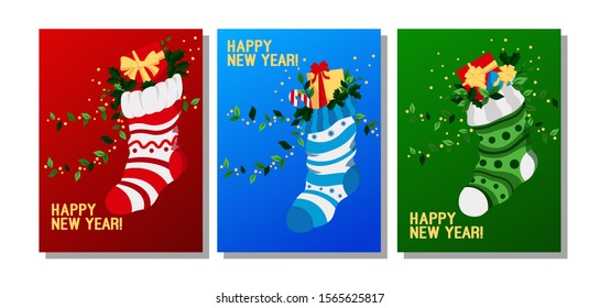 New Year card with socks for gifts. Vector illustration, christmas card, poster. New Year gifts