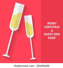 New Year card with the the sparkling wine glasses. Fully editable vector illustration perfect for new year and christmas business and family greeting cards.  