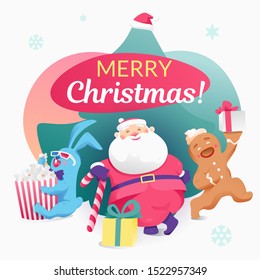 New Year card square design template. Seasonal concept with Santa, gingerbread man, Christmas tree in santa hat and rabbit in cinema glasses.