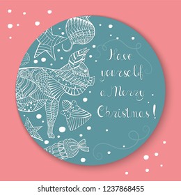 New Year Card, Sticker, Fridge Magnet made in Zentangle Style with Lettering. White Christmas Trees, Chinese New Year Pig, Veg, Christmas Tree Toys with Snowfall and Serpentine on the Blue Background.
