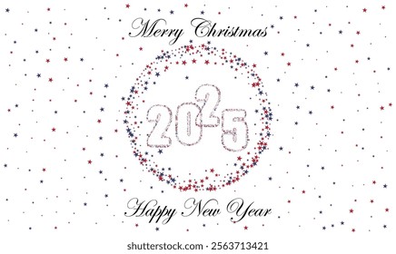 New Year card strewn with blue and red stars, New Year design