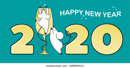 New Year card, symbol of 2020. Mice climb onto a champagne glass. Template for greeting card, poster, flyer