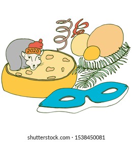 New Year card with the symbol of 2020, the Rat that sits on the head of cheese next to it is a carnival mask, an art drawing by hand