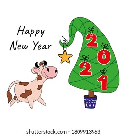 New Year card with the symbol of 2021. Vector illustration with a goby, a Christmas tree, a star and numbers on a Christmas tree 2021. Year of the Ox on the Eastern calendar.