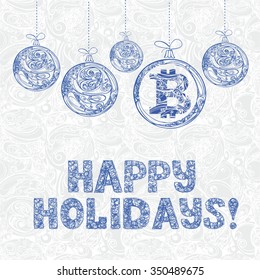 new year card with symbol bitcoin, christmas decorations and decorative letters happy holidays