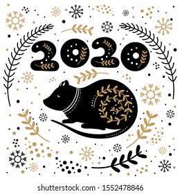 New year card with a symbol of the Chinese new year of the rat 2020. Vector illustration