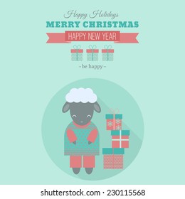 New Year card with symbol of year sheep with gift boxes. Vector holiday illustration in flat style