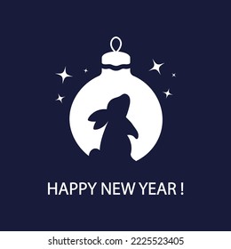 New Year card template for the year 2023 is year of the rabbit. Silhouettes of rabbit and christmas tree toy. Minimalism design. Vector illustration.