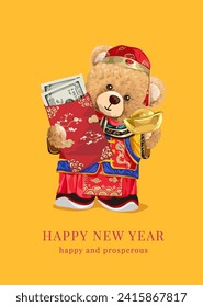 new year card template with bear doll in chinese tradional costume hand drawn vector illustration