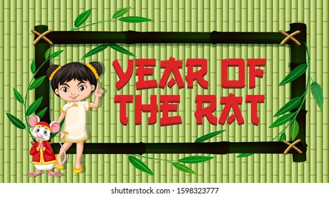 New Year card template with chinese girl and rat illustration
