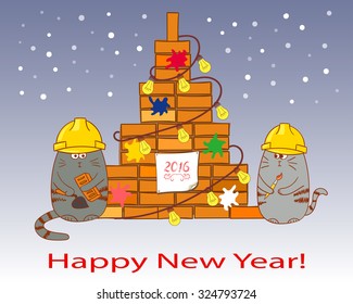 New Year card template. Congratulations for a construction company. Vector holiday background. 