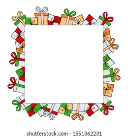 New Year card template. Decorative frame from hand-drawn elements. Doodle style Coloful vector illustration.