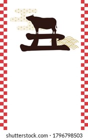 Plantilla de tarjeta de Año Nuevo. Letras de diseño y patrones japoneses. "Japonés: vaca.