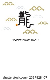 Plantilla de tarjeta de Año Nuevo con caracteres diseñados y partes de onda.Caracteres japoneses:dragón