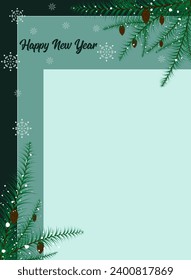 New Year card template with empty space for inscription. Vector illustration of spruce branches with pine cones and snow. Vector EPS 10.