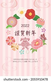 New Year card template. Flowers and stripes.“Japanese：Happy new year.
thank you for your kindness last year.
I look forward to working with you this year too."